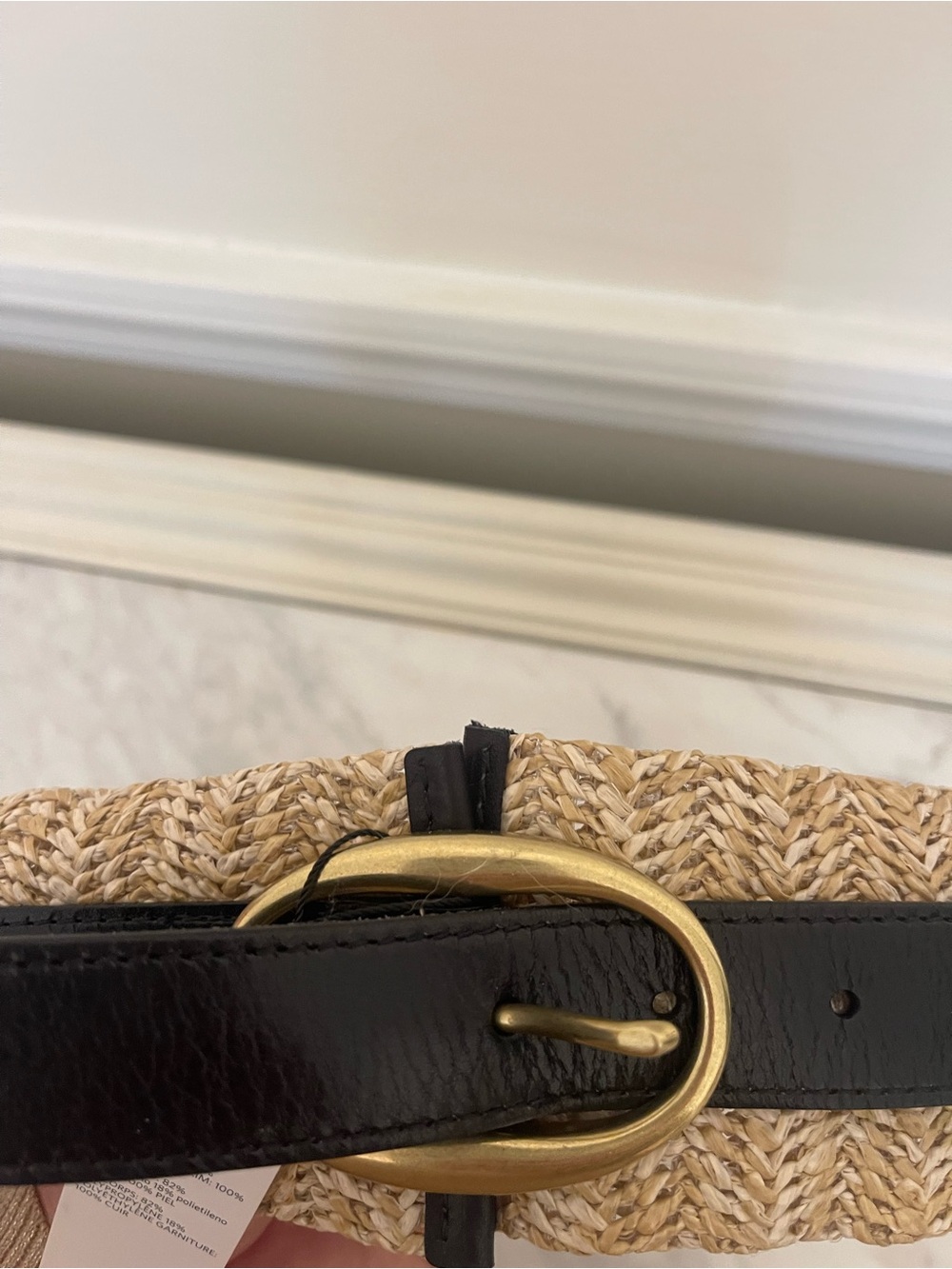 White House Black Market Black Patent Strap Raffia Waist Belt with Gold Buckle